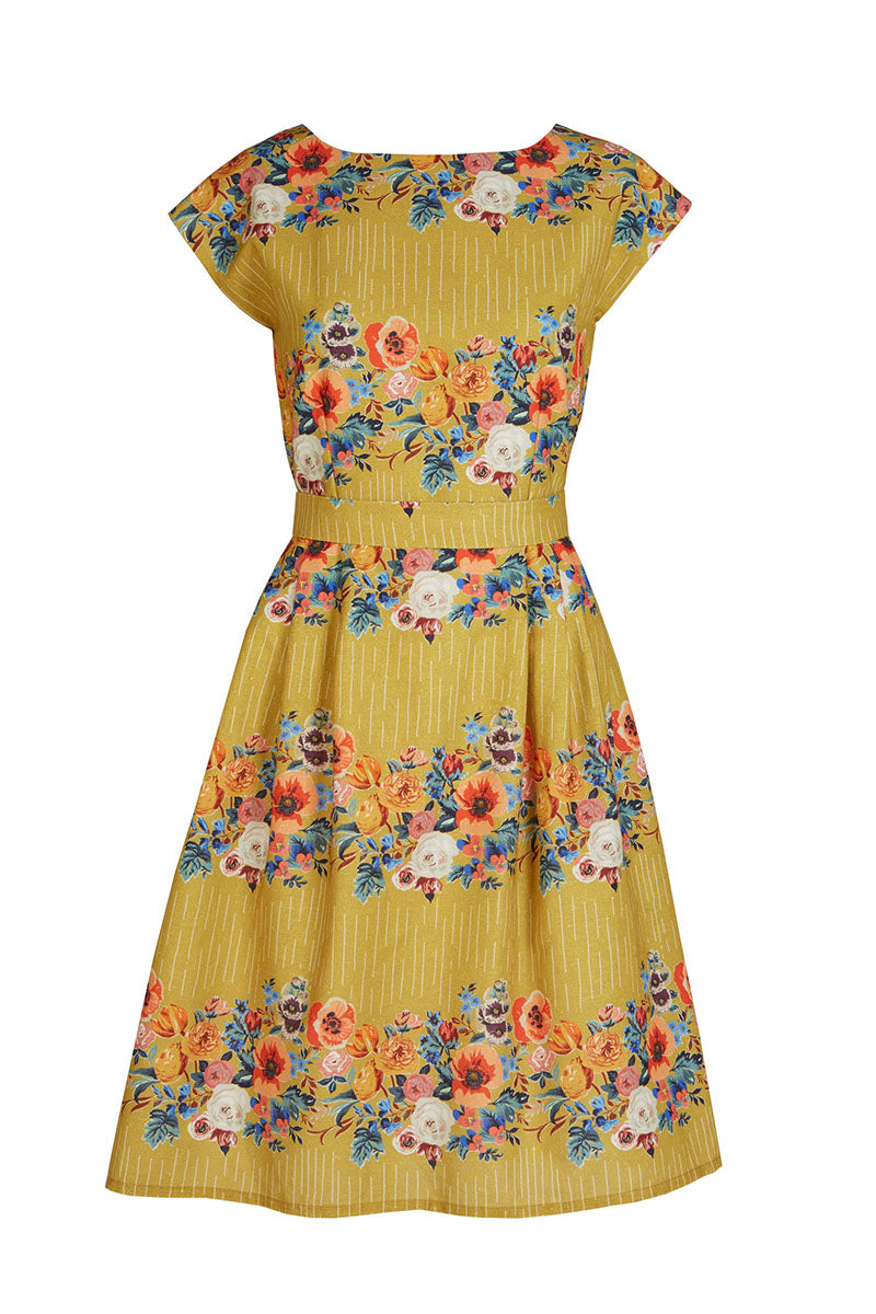 Palava Beatrice Dress Cap Sleeves Mustard Floral Garland