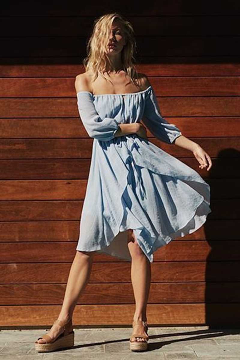 off shoulder dress chambray Shona Joy - Marlowe Linen Blend Off Shoulder Mini Dress