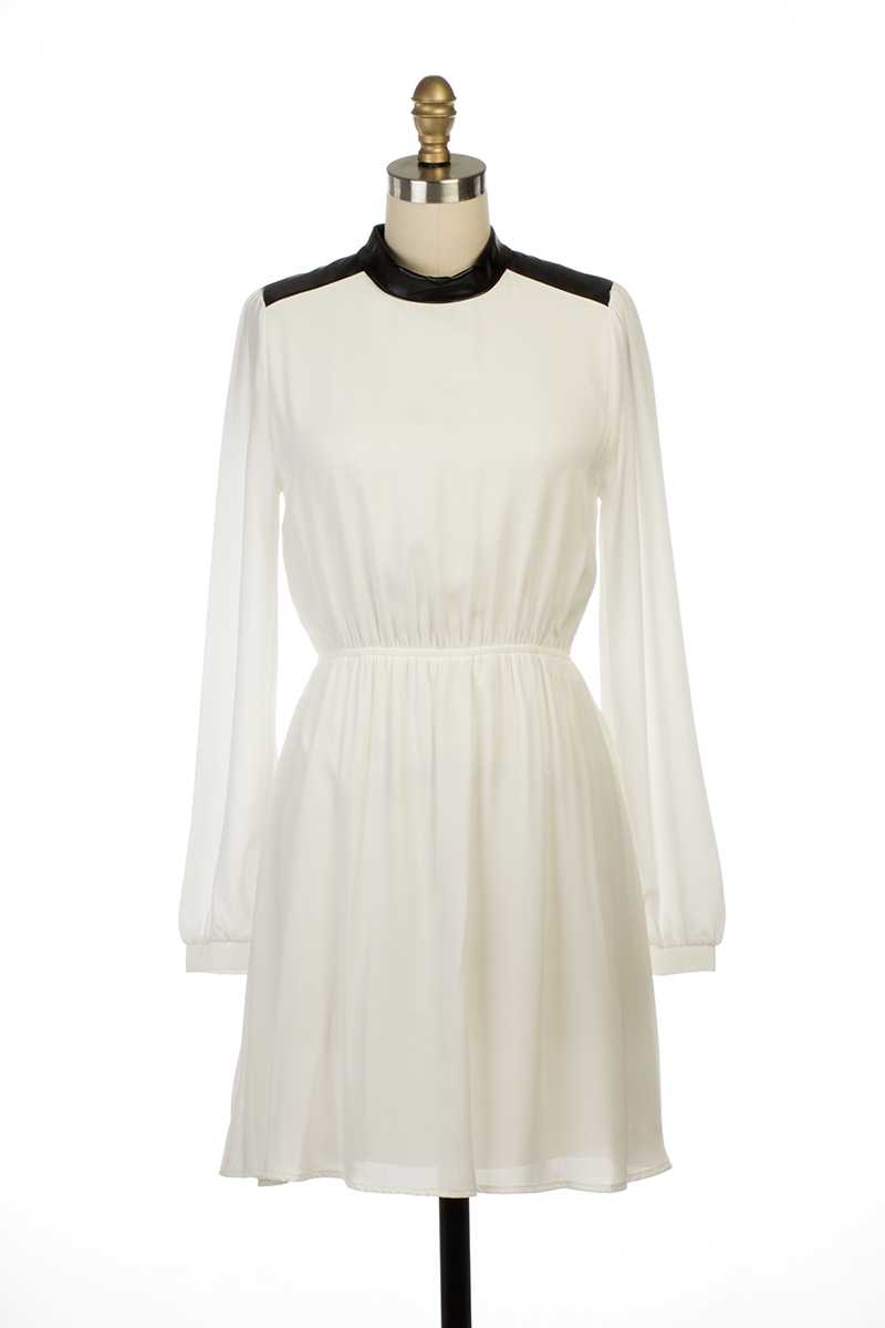 Everly Abbey LS Leather Collar Dress White - Talis Collection