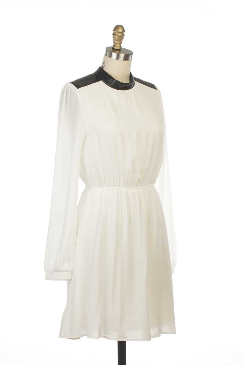 Everly Abbey LS Leather Collar Dress White - Talis Collection