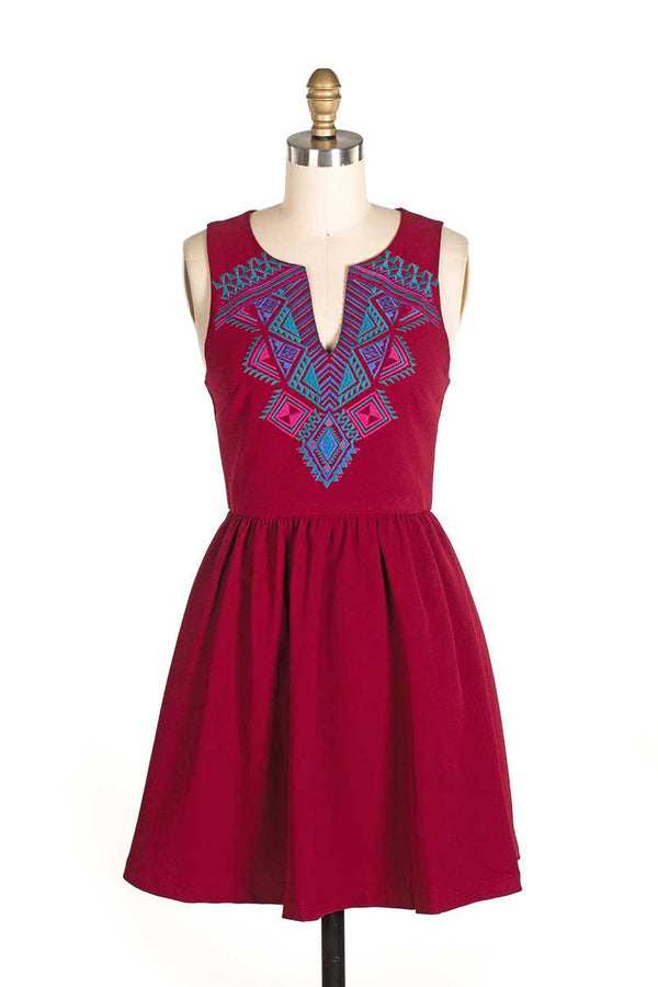 Everly Alena Embroidery Skater Dress Red - Talis Collection