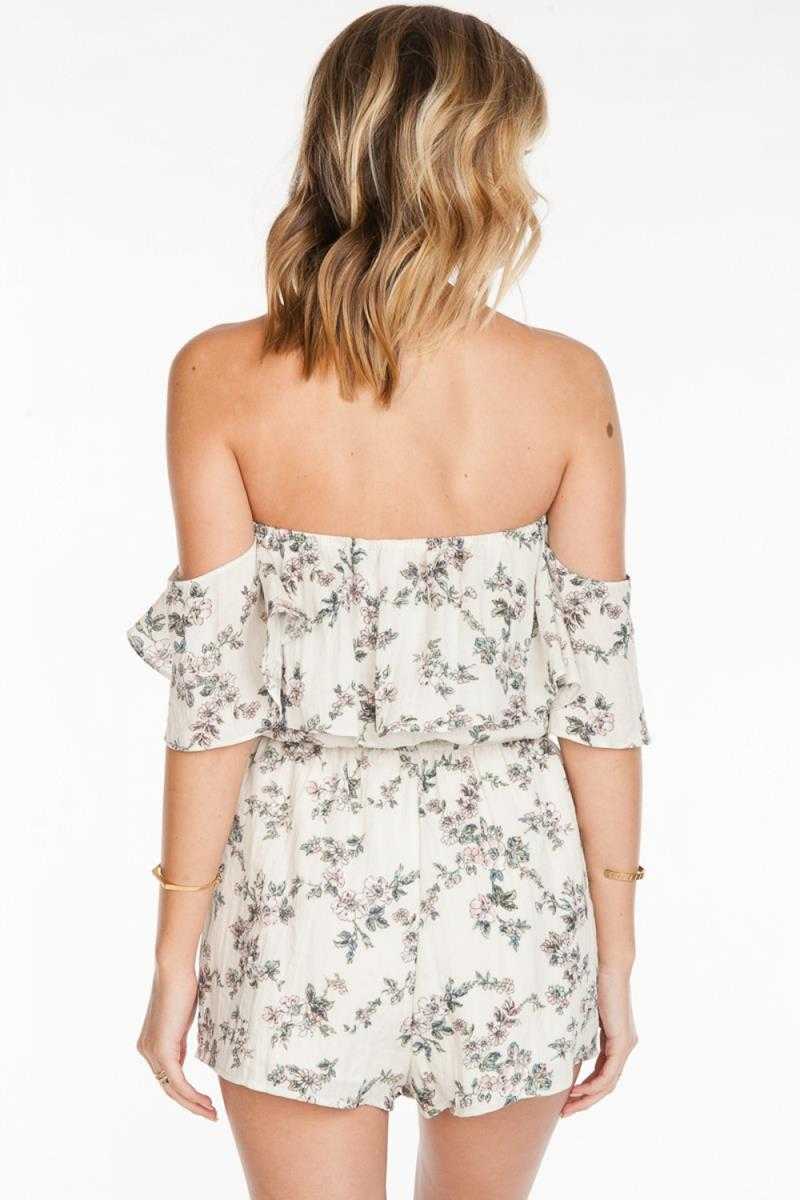 Everly Floral Print Off Shoulder Romper Ivory - Talis Collection