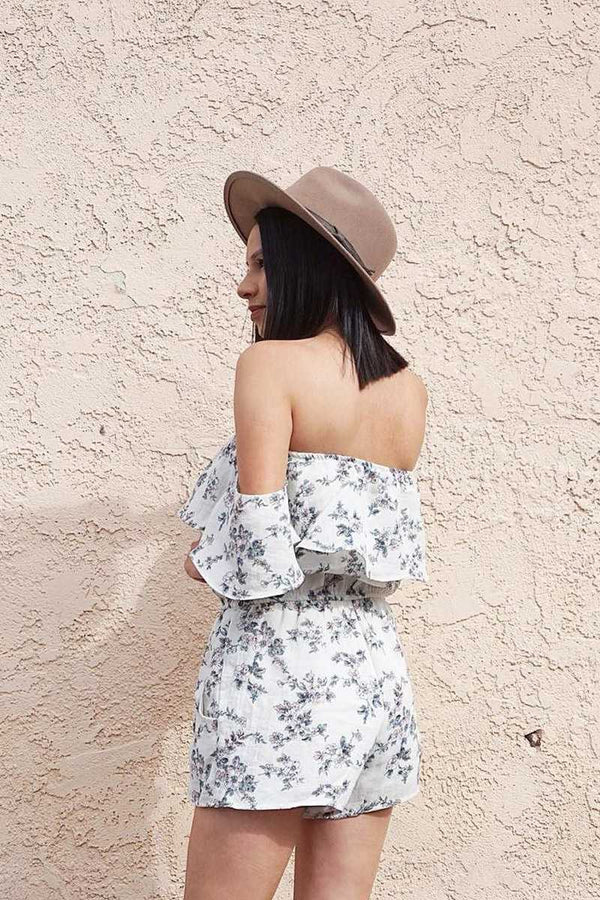 Everly Floral Print Off Shoulder Romper Ivory - Talis Collection