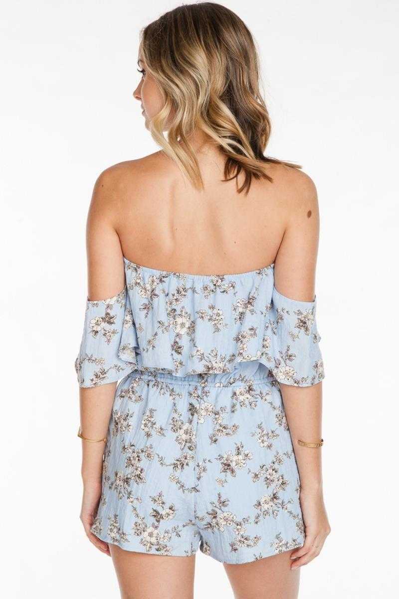Everly Floral Print Off Shoulder Romper Blue - Talis Collection