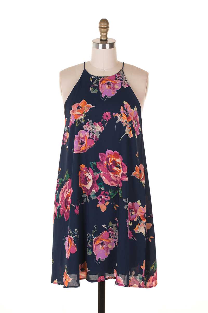 Everly Floral Print Halter Shift Dress - Talis Collection