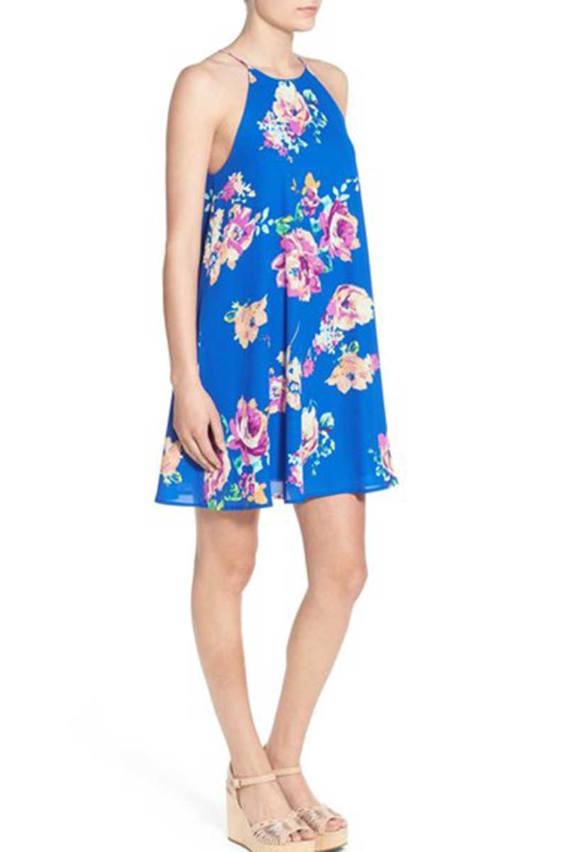 Everly Halter Neck Floral Print Shift Dress Royal - Talis Collection