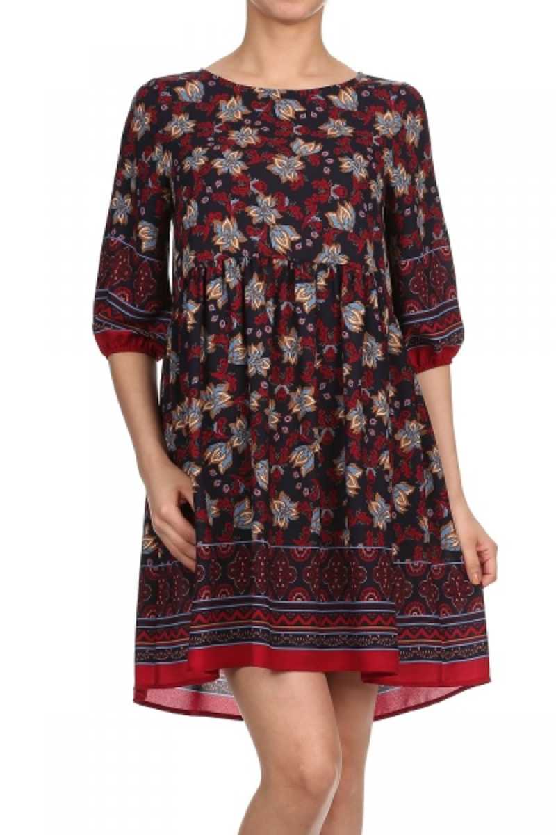 Everly Floral Print Dress Red Wine - Talis Collection