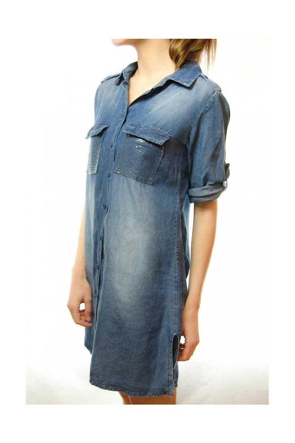 Elle Denim Shirt Dress with Sequin Pockets - Talis Collection