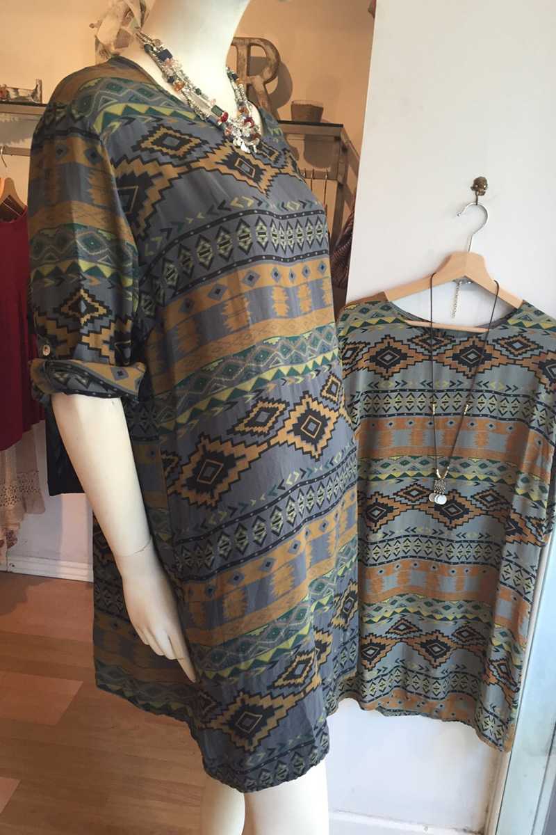 Iliana Tribal Print Roll Sleeve Shift Dress Gray