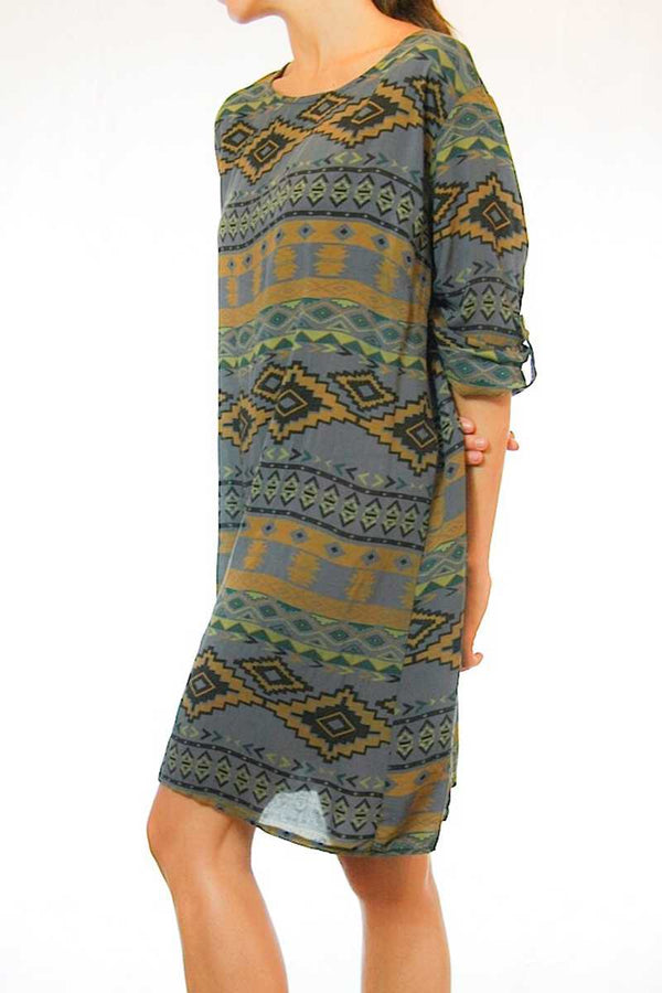 Iliana Tribal Print Roll Sleeve Shift Dress Gray