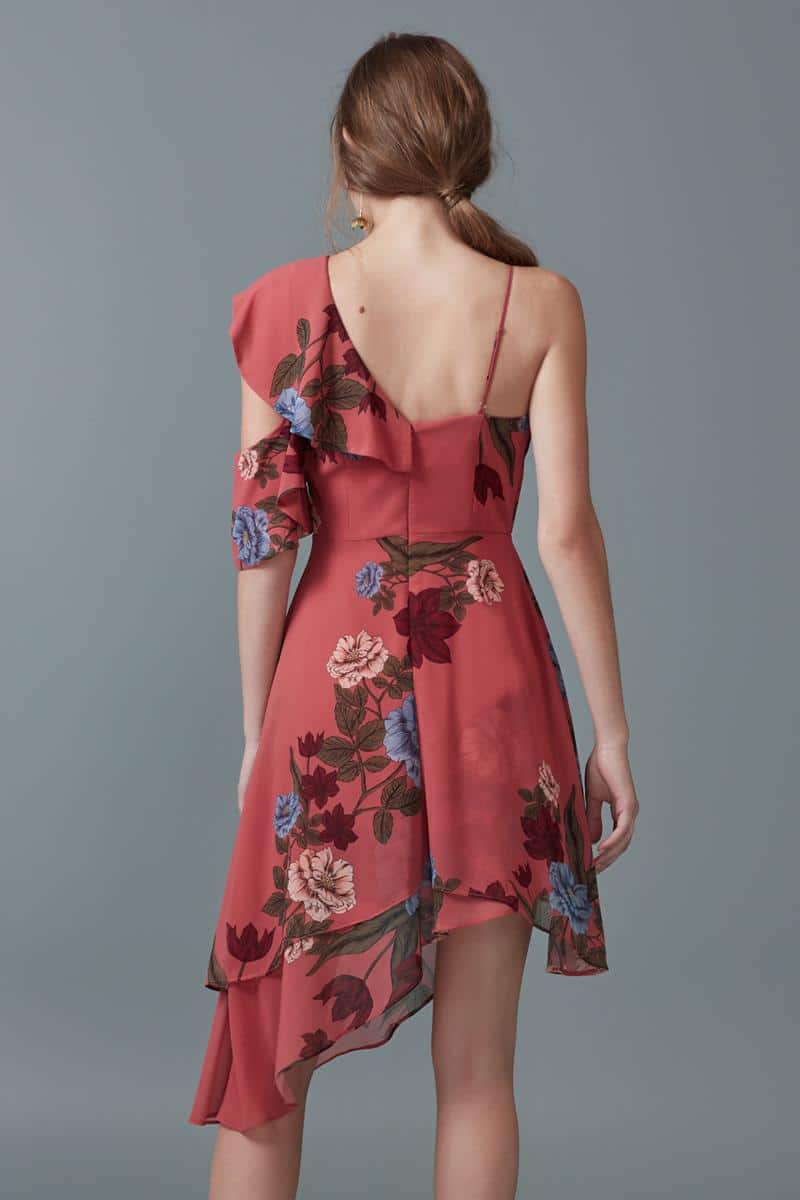 keepsake one shoulder floral dress Red ruffled one shoulder cocktail dress
