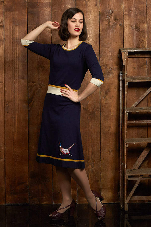 Palava Otti Knitted Dress Navy Embroidered Pheasant
