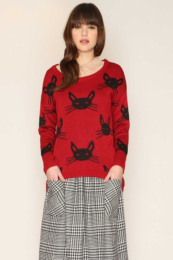 Pepaloves Felina Cat Print Sweater Red