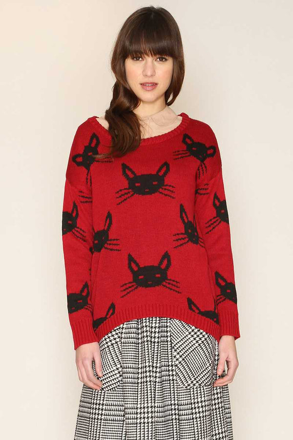 Pepaloves Felina Cat Print Sweater Red