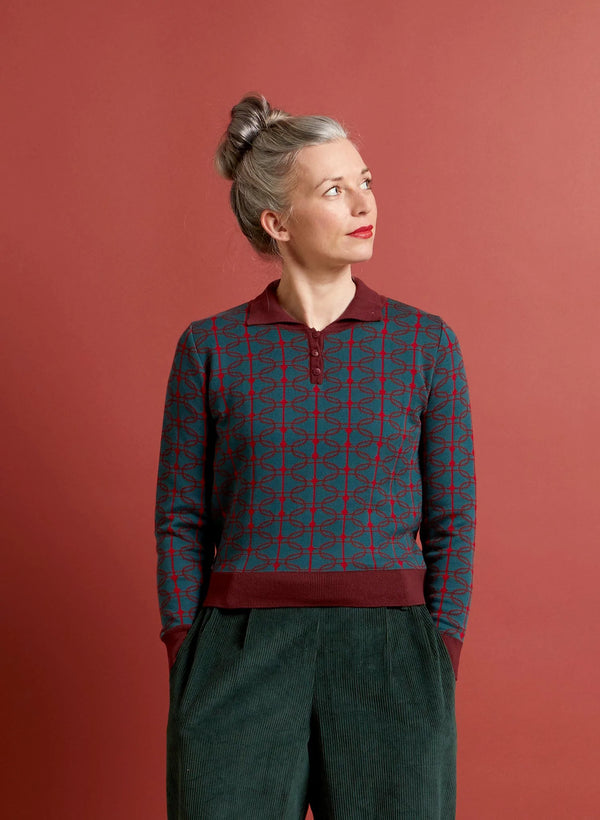 Palava Aila Jacquard Teal Radio Days Organic Cotton Long Sleeve Knitted Top